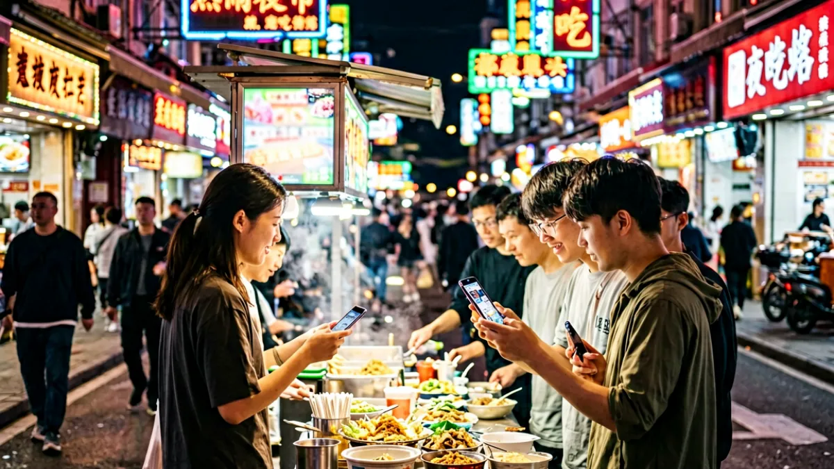 热闹的都市夜晚街头，霓虹灯牌闪烁，年轻人聚在小吃摊前分享手机上的热搜话题，画面充满生活气息