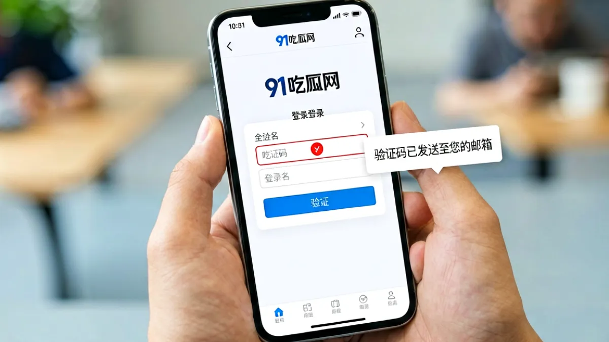 手机屏幕上显示91吃瓜网登录页面，输入框高亮显示密码错误提示，旁边弹出验证码已发送到邮箱的确认弹窗